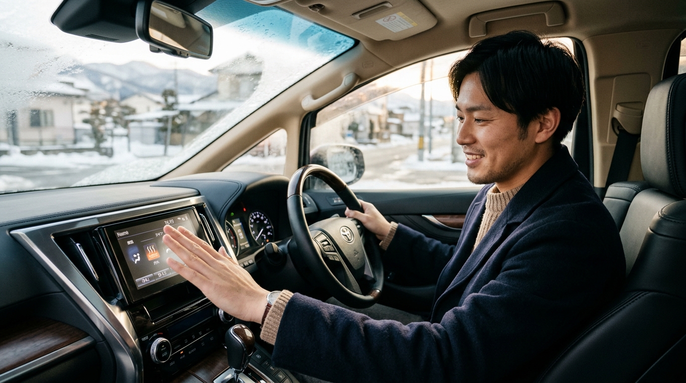 冬の朝にアルファードの運転席でエアコン吹き出し口から出る温かい風に手をかざして微笑む若い日本人男性