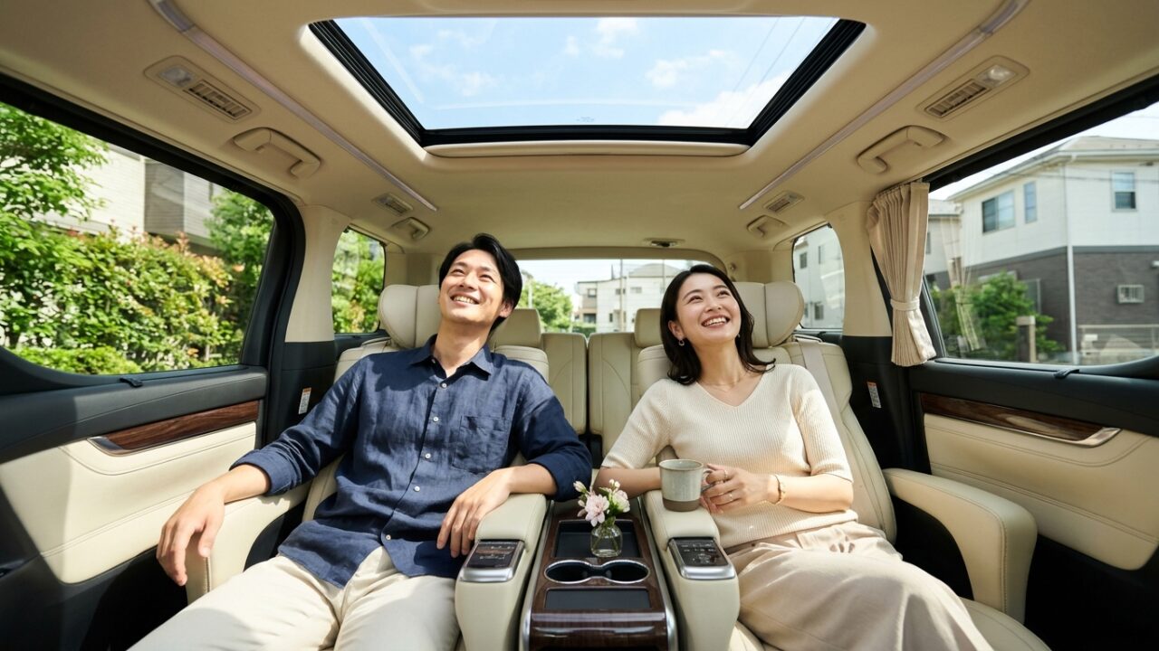 青空の下でアルファードのムーンルーフから差し込む明るい日差しを見上げて微笑む若い日本人夫婦