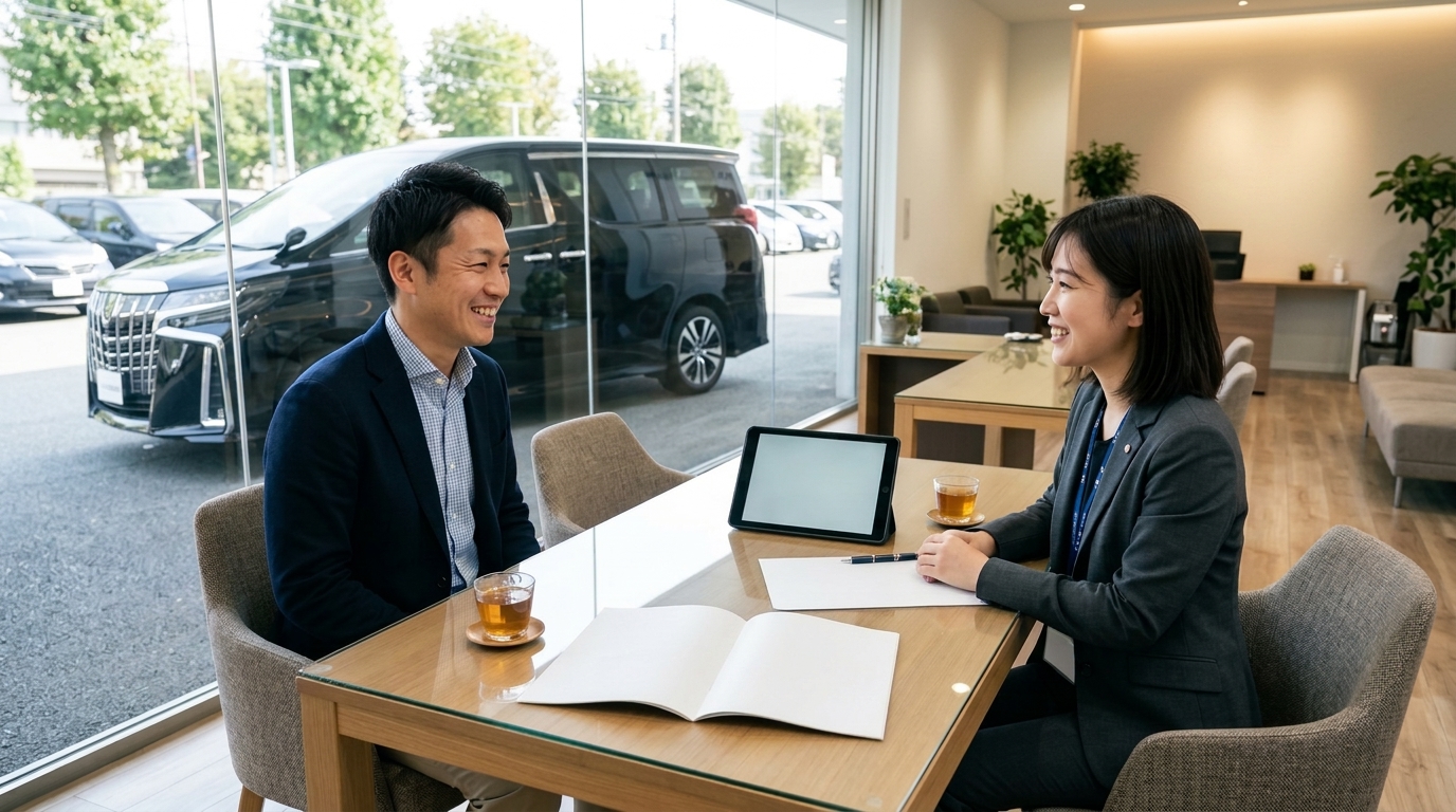 自動車買取店の明るい商談席でサンルーフ付きアルファードの高額査定結果を見て笑顔を見せる若い日本人男性