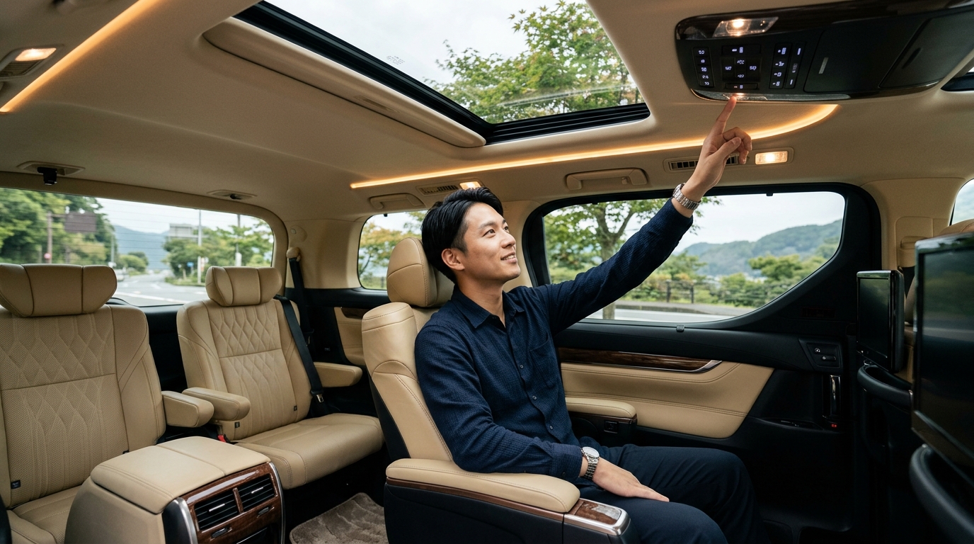 アルファードの後席天井にあるオーバーヘッドコンソールのスイッチで電動ルーフシェードを操作する若い日本人男性