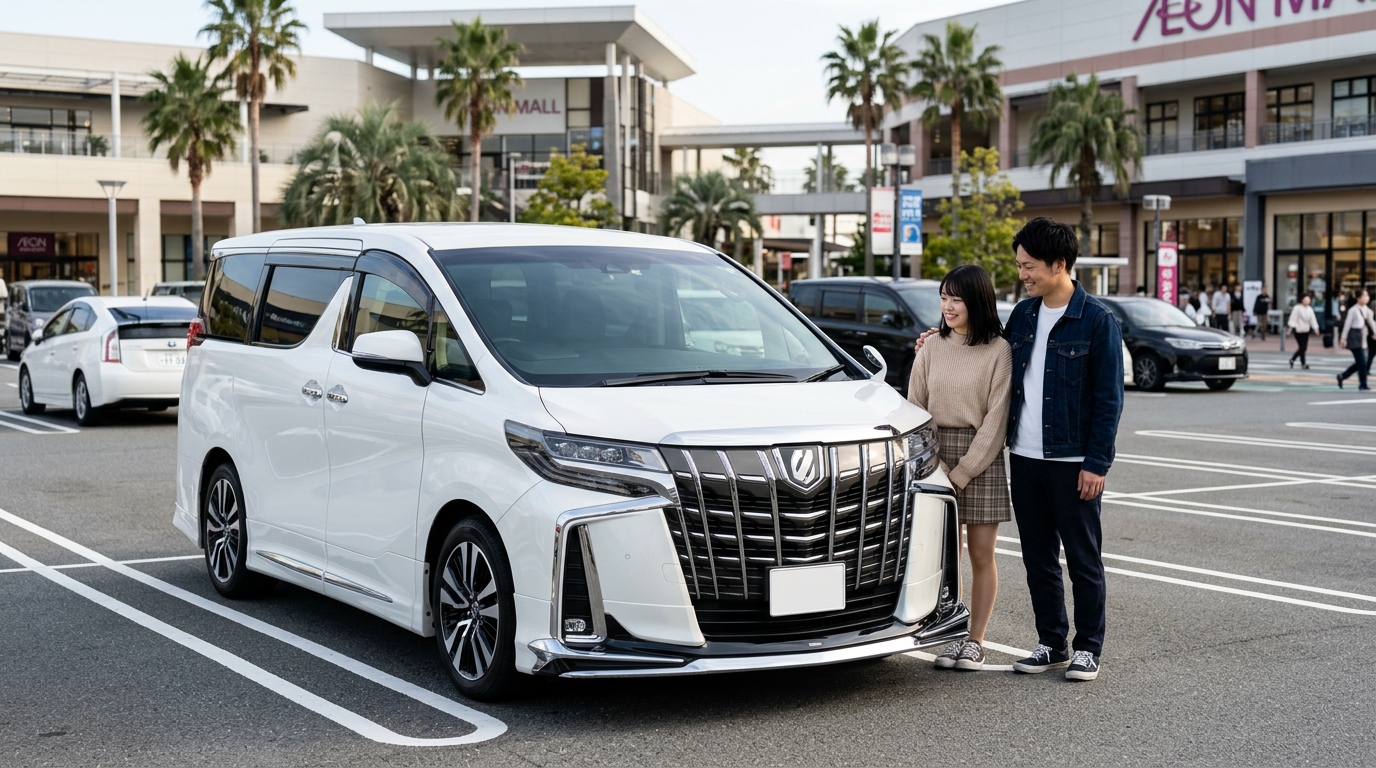晴れた駐車場でアルファードのモデリスタ製フロントスポイラーと路面のクリアランスを笑顔でチェックする若い日本人夫婦