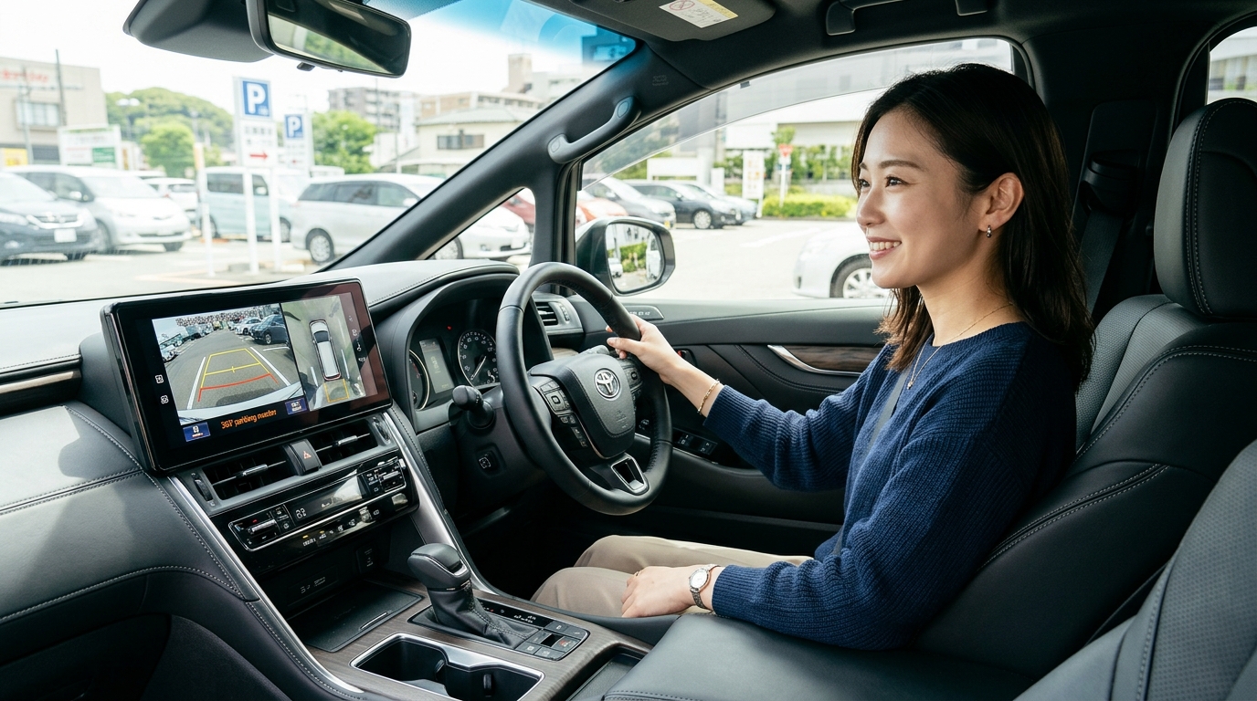 アルファードの運転席で大型ディスプレイのパノラミックビューモニター画面を見ながら安全に駐車する若い日本人女性