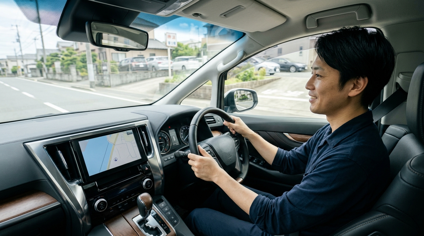 アルファードの運転席でハンドルを握り道路脇の段差スロープへ慎重に斜め進入する若い日本人男性