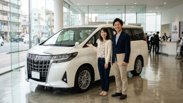洗練されたショールームで新型40系アルファードの前に立ち見積書ファイルを見ながら笑顔で話す若い日本人夫婦