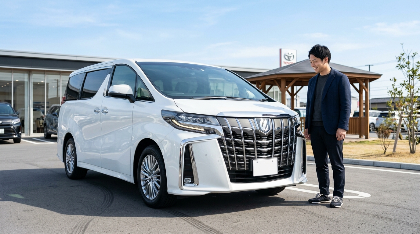 晴れた屋外駐車場に並ぶパールホワイトの新型40系アルファードの外観を眺めながらグレードの違いを確認する若い日本人男性