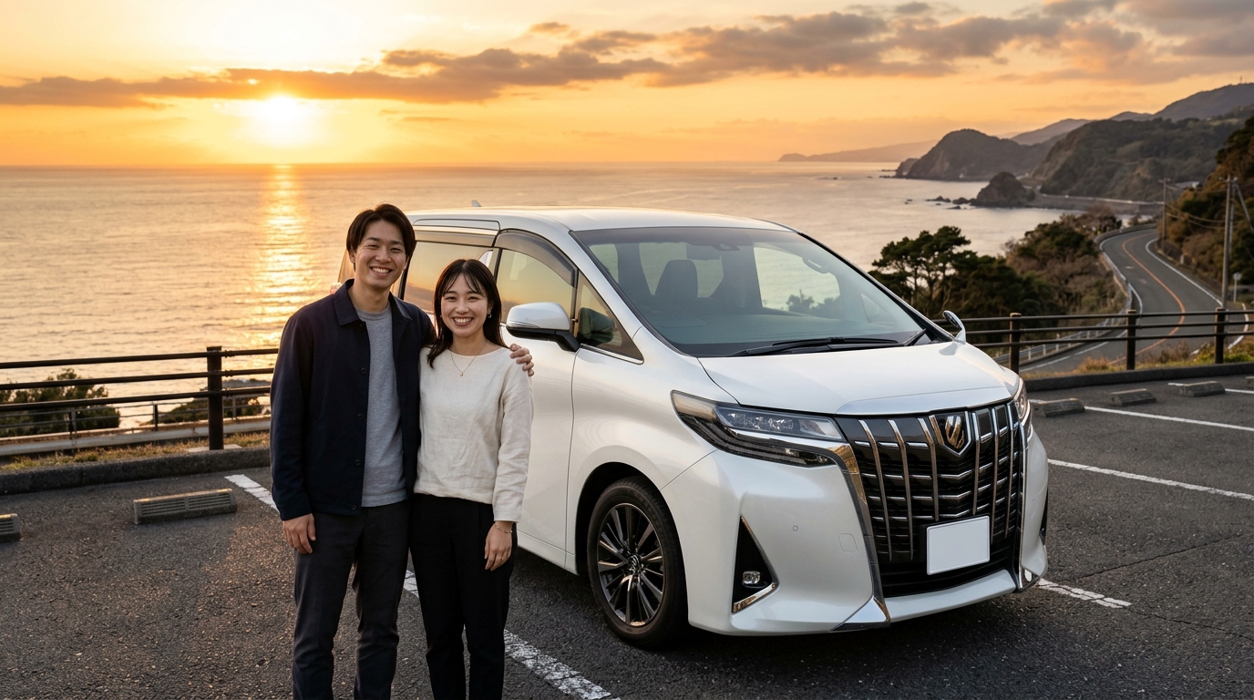 美しい夕暮れの海沿いパーキングで新型40系アルファードの横に立ち笑顔を見せる若い日本人夫婦