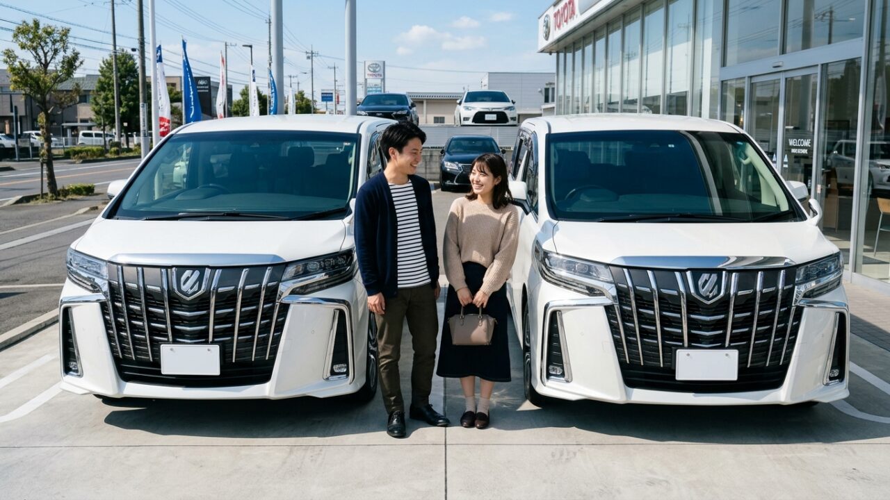 洗練された屋外展示場に並ぶ30系アルファードの前期型と後期型のフロントマスクを見比べながら笑顔で話す若い日本人夫婦