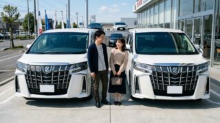 洗練された屋外展示場に並ぶ30系アルファードの前期型と後期型のフロントマスクを見比べながら笑顔で話す若い日本人夫婦