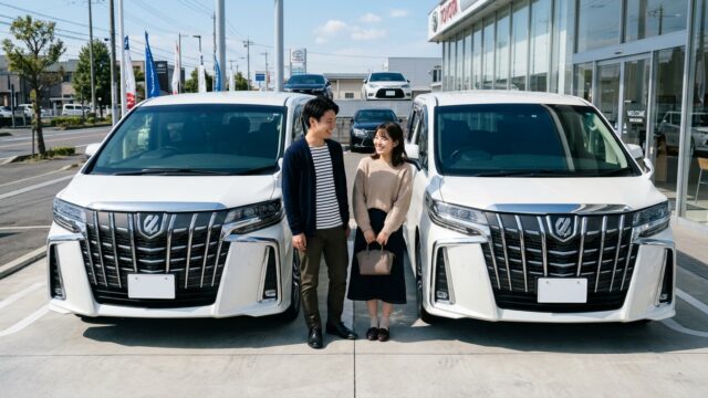 洗練された屋外展示場に並ぶ30系アルファードの前期型と後期型のフロントマスクを見比べながら笑顔で話す若い日本人夫婦