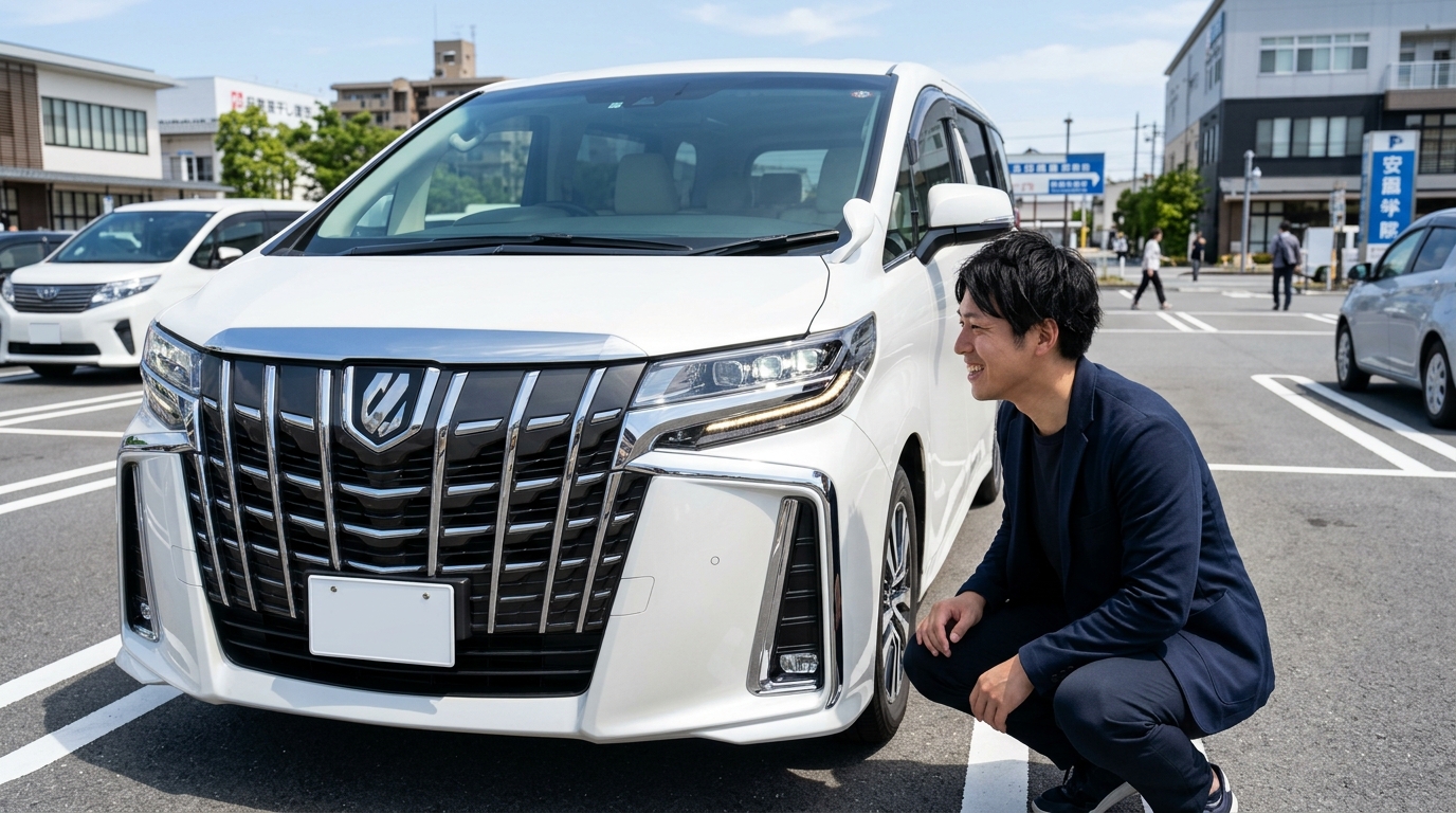 晴れた駐車場でパールホワイトの30系アルファード後期型の大型メッキグリルと三眼LEDヘッドライトを確認する若い日本人男性