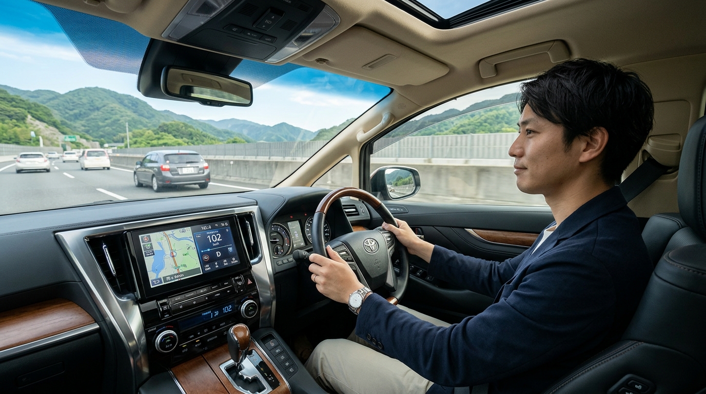 高速道路を走る30系アルファード後期型の運転席でハンドルを握りリラックスして前方を注視する若い日本人男性