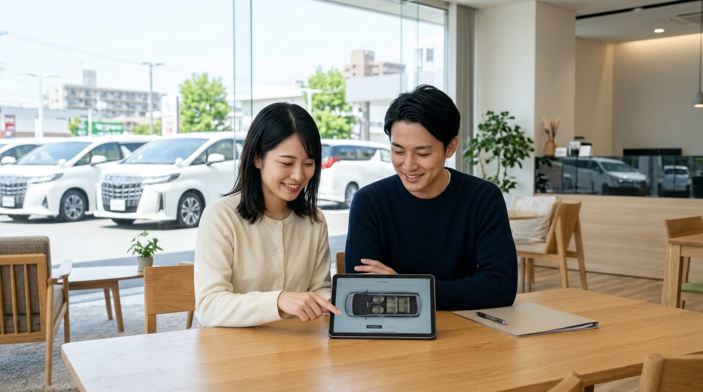 明るい中古車販売店の商談席でタブレットの車両データと見積書を見比べながら相談する若い日本人男女
