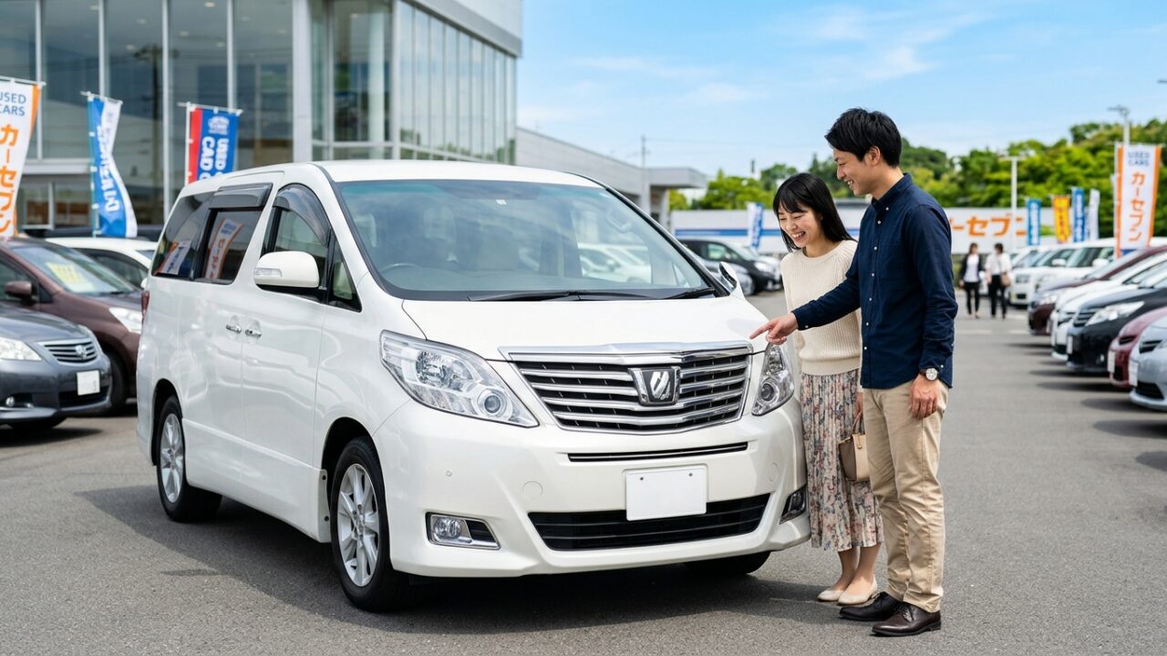 中古車展示場に並ぶパールホワイトの20系アルファードの前に立ち笑顔で車両状態を確認する若い日本人夫婦