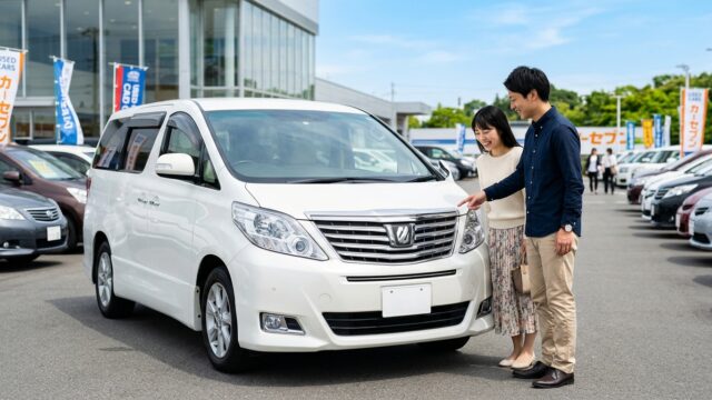 中古車展示場に並ぶパールホワイトの20系アルファードの前に立ち笑顔で車両状態を確認する若い日本人夫婦