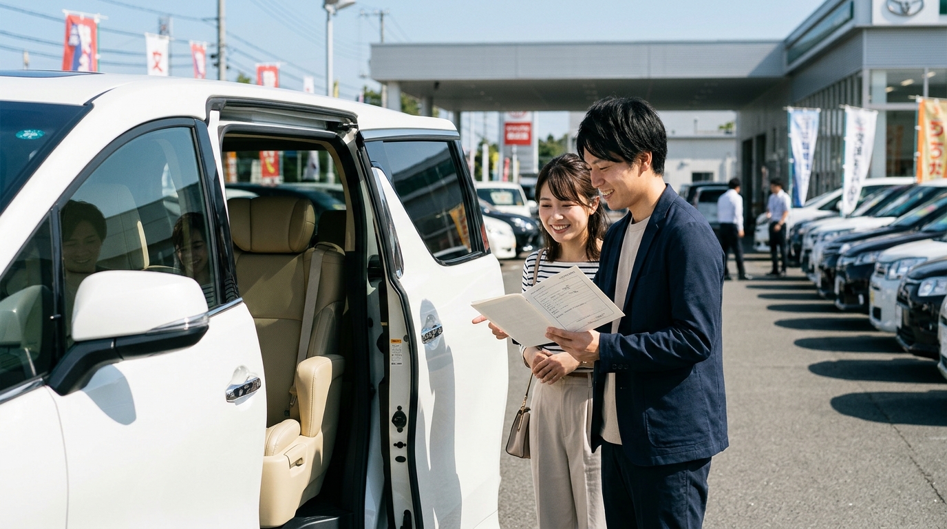 中古車販売店の展示場で20系アルファードのパワースライドドアの開閉動作と整備記録簿を一緒にチェックする若い日本人夫婦