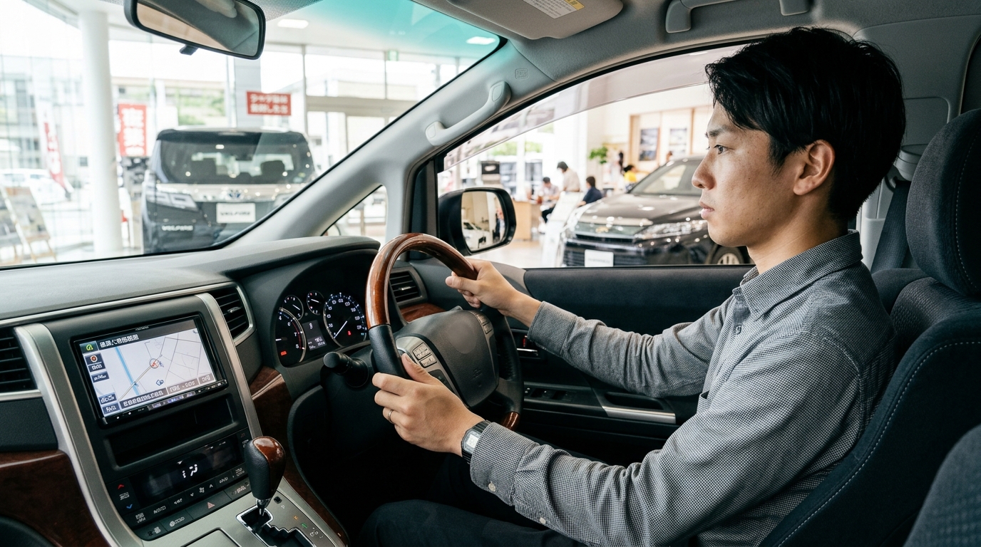 20系アルファードの運転席に座りハンドルを握ってステアリングシャフトからの異音やガタつきを確かめる若い日本人男性
