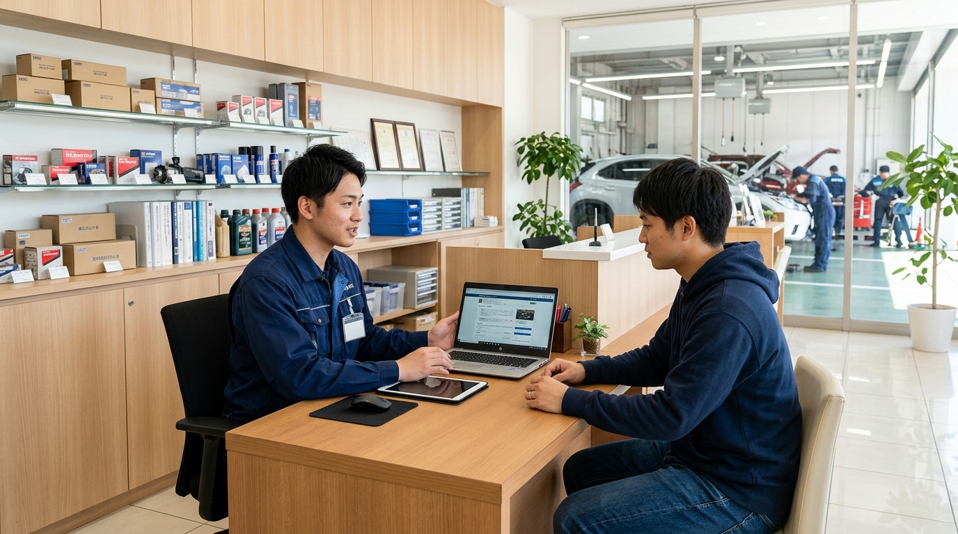 整備工場のカウンターでパソコンの部品検索画面を見せながら10系アルファードの純正部品供給状況を説明する若い日本人男性整備士