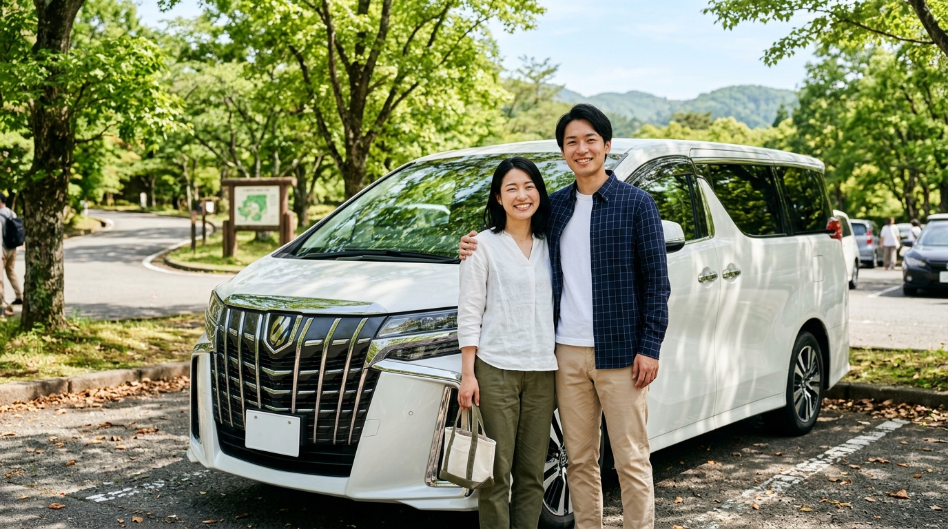 晴れた週末の公園駐車場に停めたアルファードの横で納得の笑顔を浮かべる若い日本人夫婦