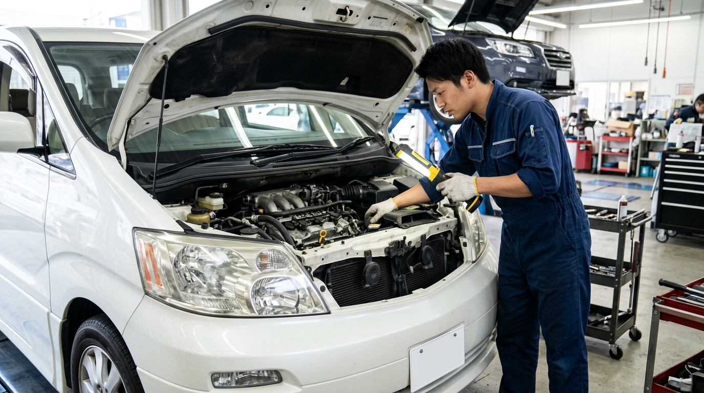整備工場のピットで10系アルファードのV6エンジンルームを開けてタイミングベルト交換済みステッカーとベルト類を点検する若い日本人男性メカニック
