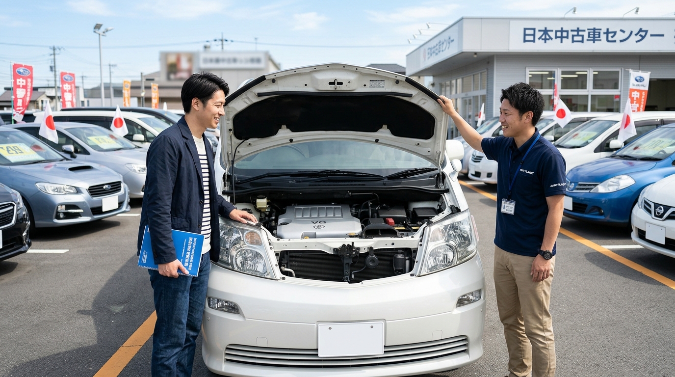 中古車展示場で10系後期アルファードのボンネットを開けて整備記録簿とラジエーターの状態を細かく確認する若い日本人男性