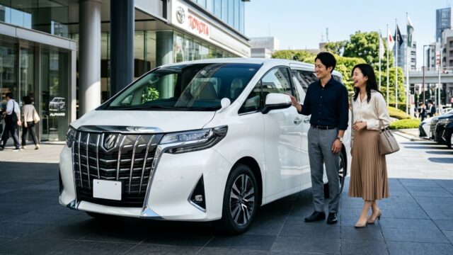 清潔な自動車販売店の展示場でパールホワイトのアルファード登録済未使用車の前に立ち笑顔で話し合う若い日本人夫婦