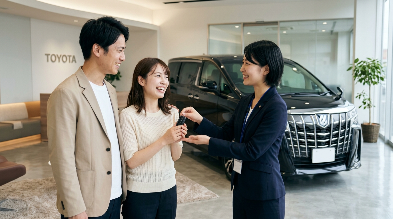 販売店の納車スペースでピカピカのアルファードのスマートキーを受け取り嬉しそうに微笑む若い日本人夫婦と女性スタッフ