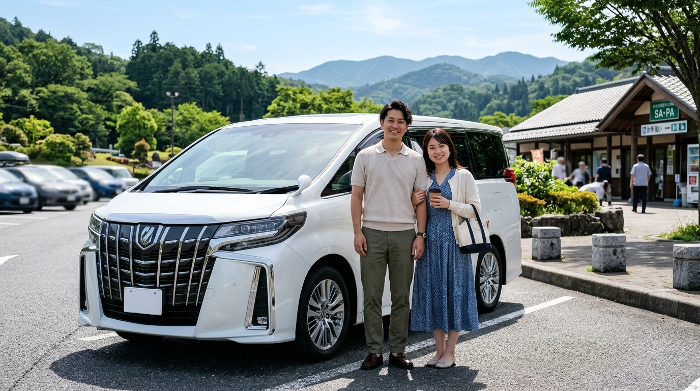 晴れた週末の美しい並木道パーキングに停めた新型アルファードの横で満足そうに微笑む若い日本人夫婦