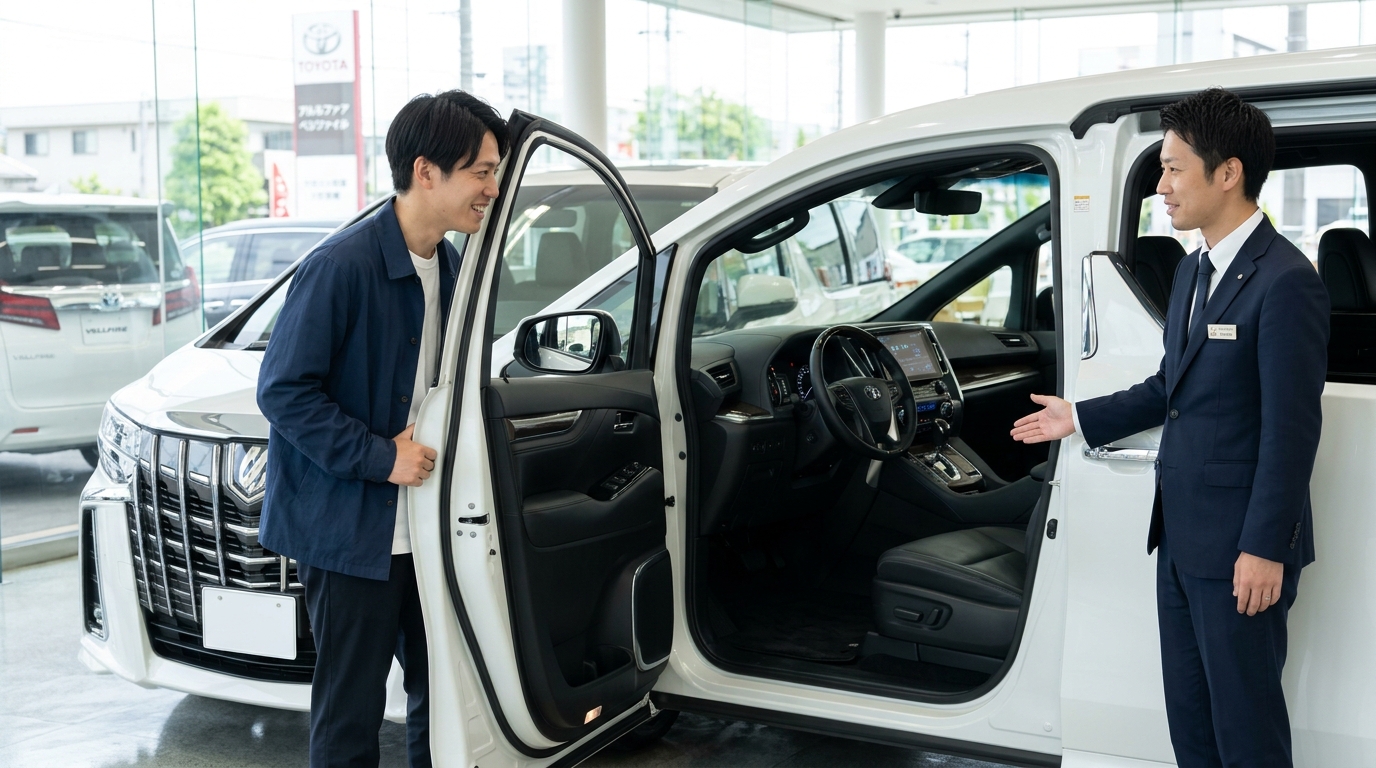 綺麗なショールームでアルファードの登録済未使用車の運転席ドアを開けて新車同様のシート状態を確認する若い日本人男性