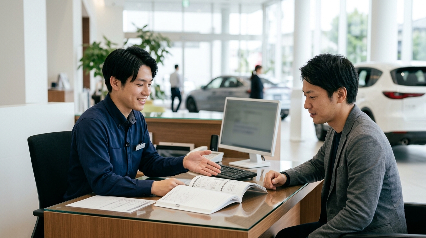 トヨタ販売店のサービスカウンターでメンテナンスノートと保証書を開きながら保証継承点検の説明を受ける若い日本人男性と整備アドバイザー