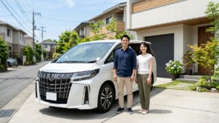 閑静な日本の住宅街のガレージに停めたパールホワイトのアルファードの前で笑顔で並ぶ若い日本人夫婦