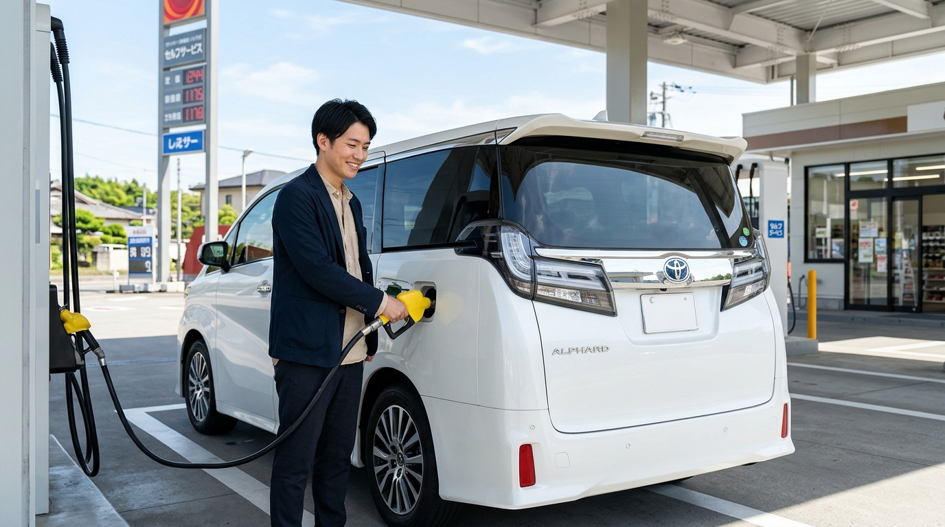 清潔なセルフガソリンスタンドでパールホワイトのアルファードにレギュラーガソリンを給油しながら笑顔を見せる若い日本人男性