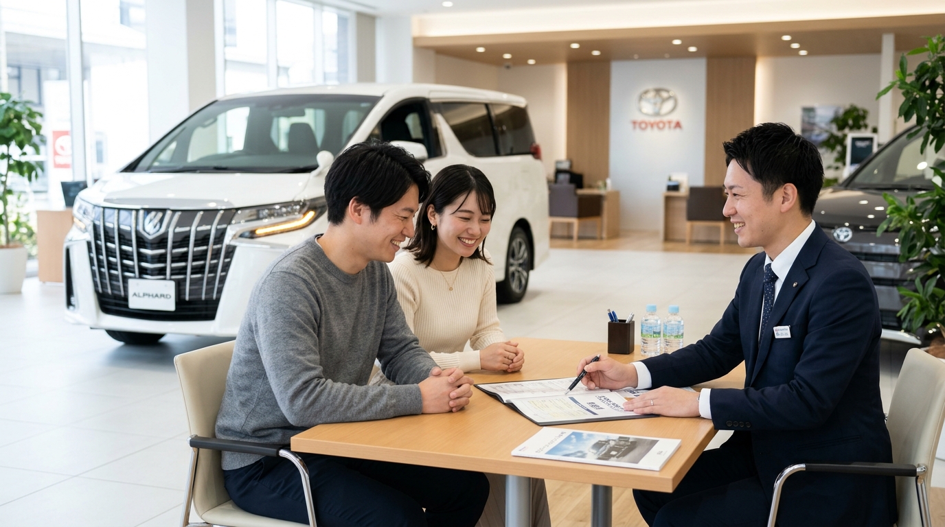綺麗な自動車販売店の商談テーブルで営業スタッフからアルファードの返済プラン説明を聞きながら笑顔で頷く若い日本人夫婦