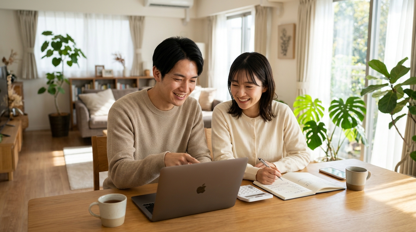 明るい自宅のリビングダイニングでノートパソコンと電卓を使いながらアルファードの維持費シミュレーションを確認する若い日本人夫婦