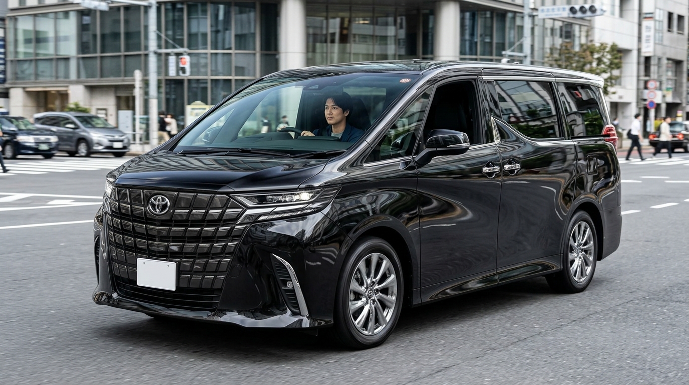 車重2トン超と発進時の踏みすぎで燃費が落ちる訳 信号機のある日本の都市部の交差点で停車状態から穏やかに発進するブラックのアルファードと運転席の若い日本人男性