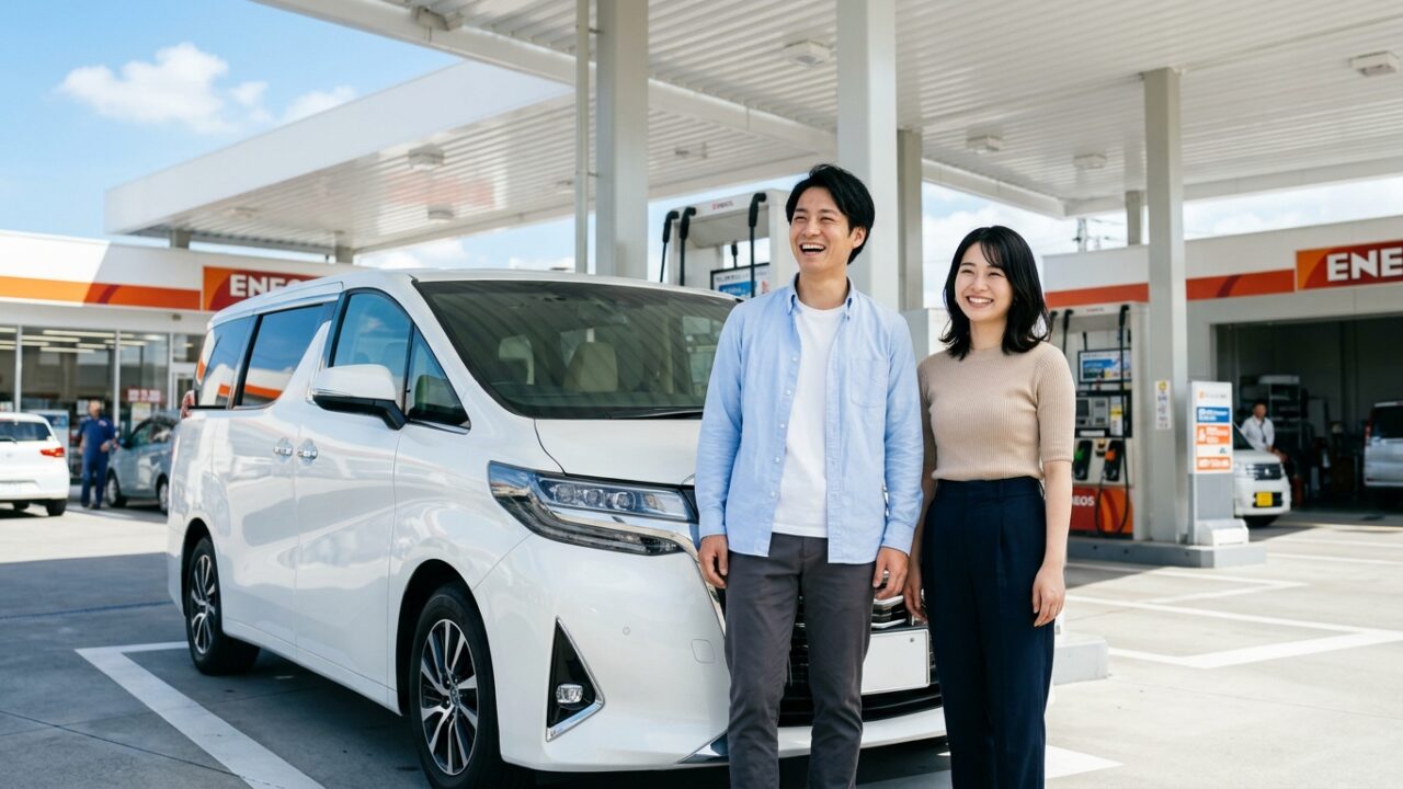 清潔なガソリンスタンドでパールホワイトのアルファードの横に立ち笑顔を見せる若い日本人夫婦