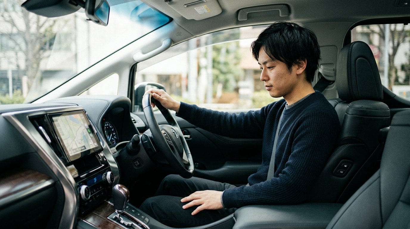 アルファードの燃費が悪すぎる原因とガソリン代実態 アルファードの運転席に座りメーター内の平均燃費ディスプレイを確認しながら真剣な表情を見せる若い日本人男性ドライバー