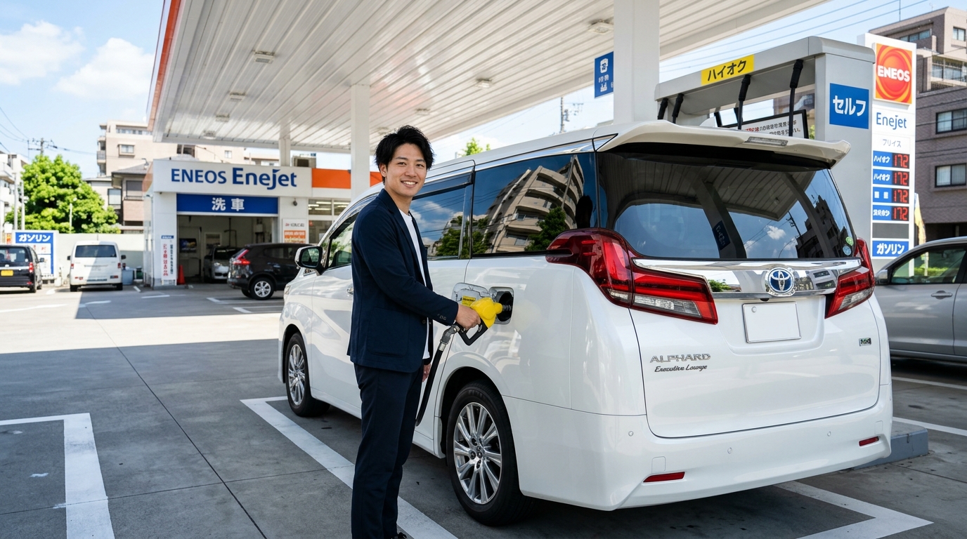 年間走行距離別のガソリン代とハイブリッドの損益差 日中の明るいセルフガソリンスタンドでパールホワイトのアルファードに給油しながら穏やかな笑顔を見せる若い日本人男性