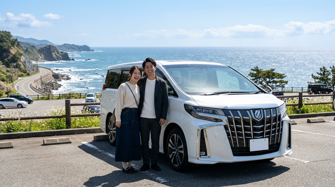 アルファードの悪すぎる燃費とガソリン代対策まとめ 晴れた週末の海沿いドライブウェイに停めたアルファードの横で爽やかな笑顔を見せる若い日本人夫婦