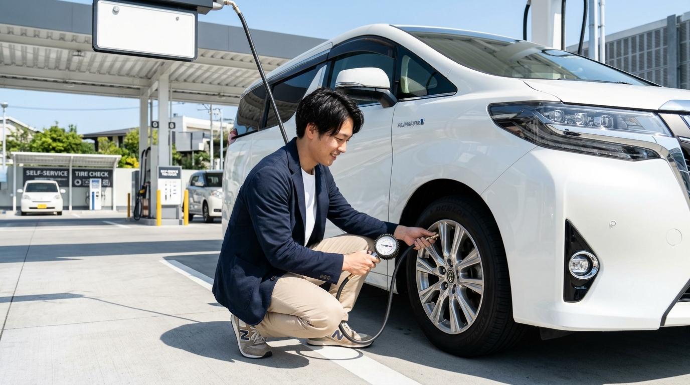 タイヤ空気圧と低粘度オイル管理による燃費改善法 ガソリンスタンドのエアチャージャーを使ってアルファードの18インチタイヤの空気圧を点検・補充する若い日本人男性オーナー