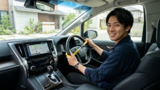 アルファードの運転席に高硬度合金製のハンドルロックを装着して防犯対策を行う様子