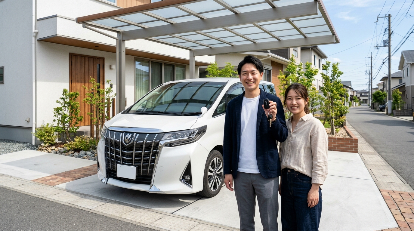 自宅のガレージに停めたアルファードの横でハンドルロックの鍵を確認する若い日本人夫婦