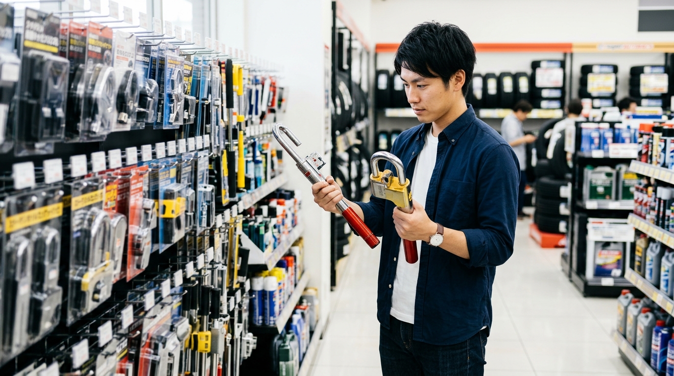 カー用品店の防犯コーナーでアルファード用のハンドルロックを比較して選ぶ若い日本人男性