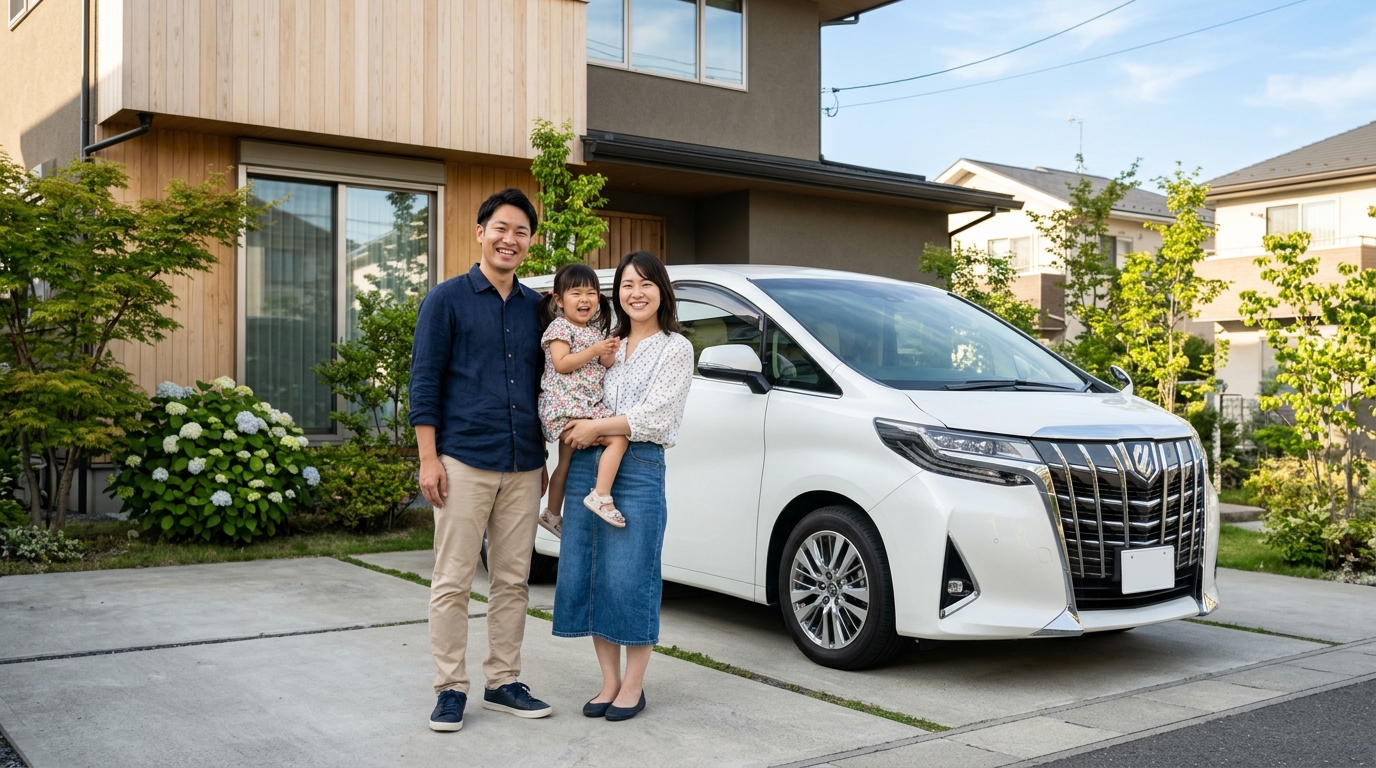 防犯対策を万全にした愛車のアルファードの前で笑顔を見せる若い日本人家族