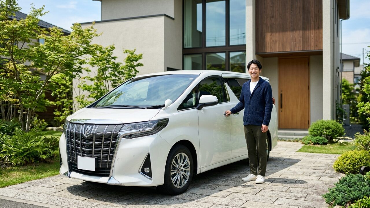 パールホワイトのアルファード2.5Zグレードの横に立ち笑顔を見せる若い日本人男性