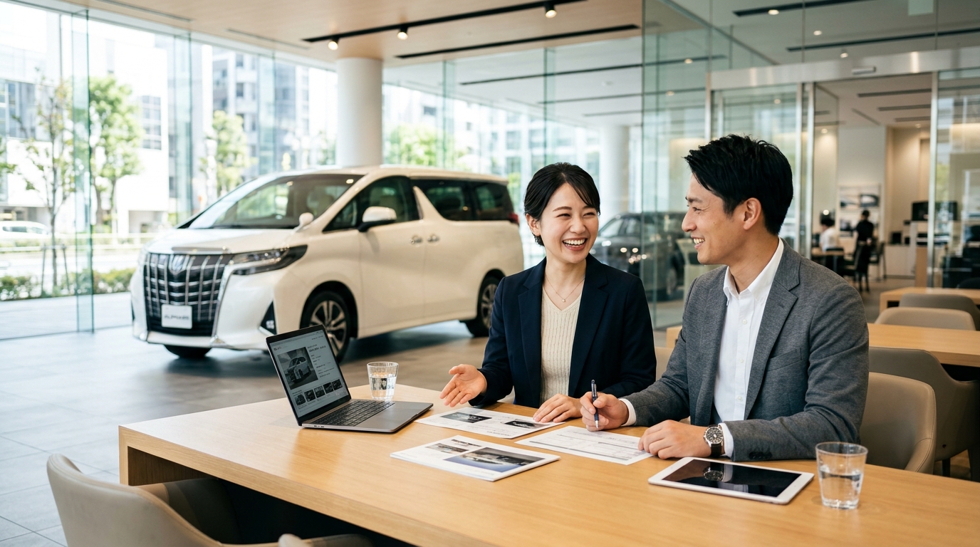 販売店のテーブルでアルファードのグレード見積もりと査定シミュレーションを確認する若い日本人夫婦