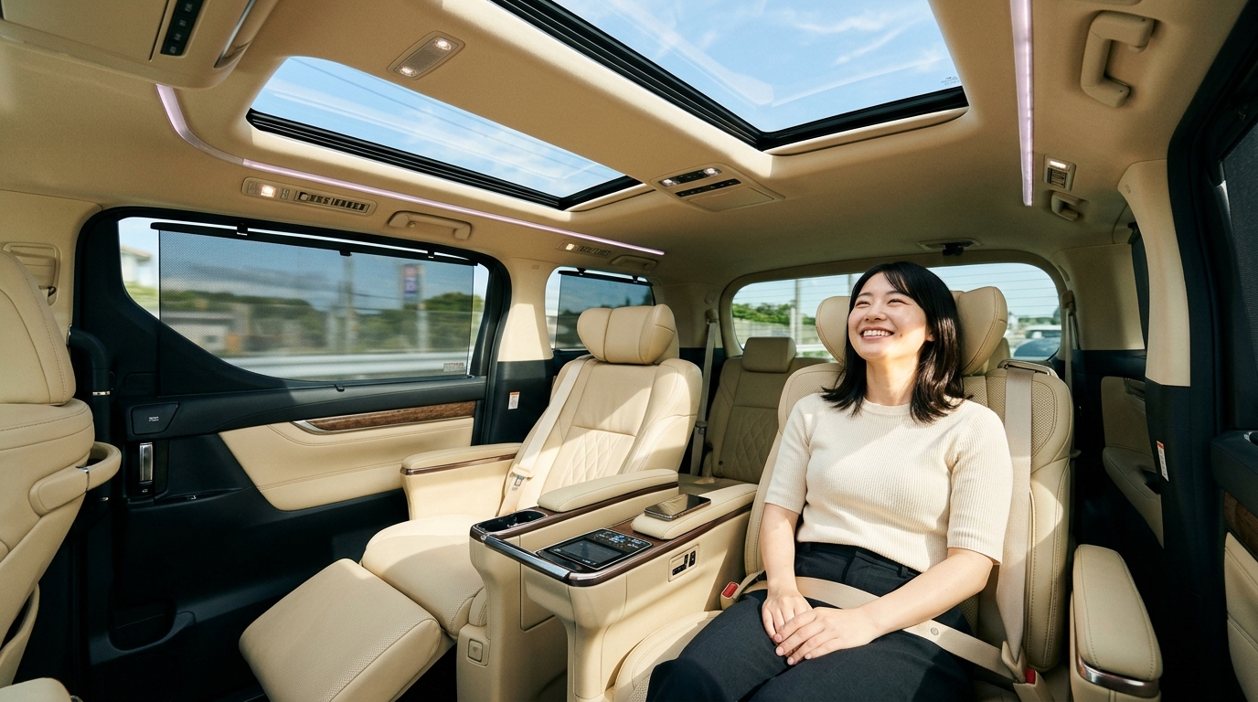 アルファードの車内で開放感のある左右独立ムーンルーフを見上げる若い日本人女性