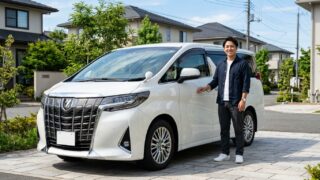 大切にメンテナンスされた10万キロ走行のパールホワイトのアルファードと笑顔の若い日本人男性