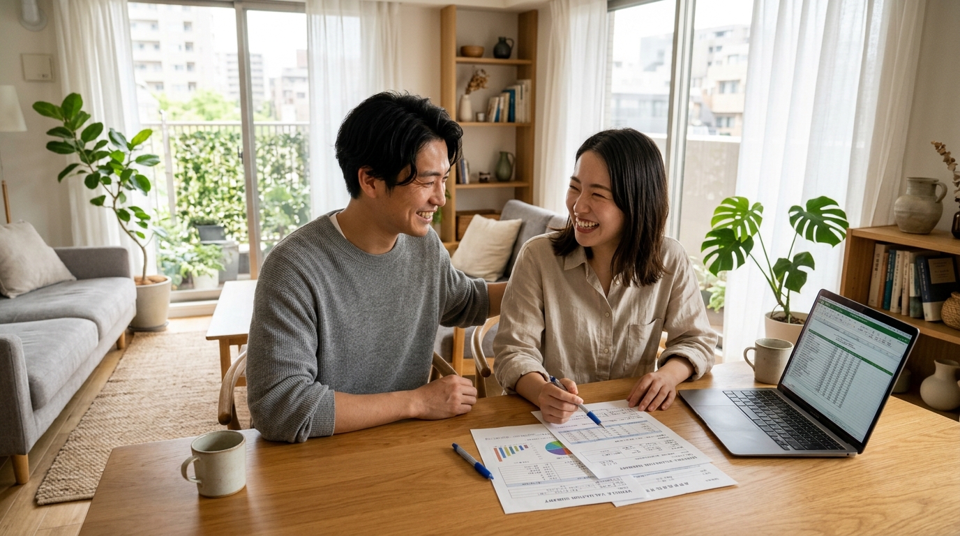 過走行車の売却や査定に関するよくある質問 リビングのテーブルで10万キロ走ったアルファードの買取査定見積もりを比較する若い日本人夫婦