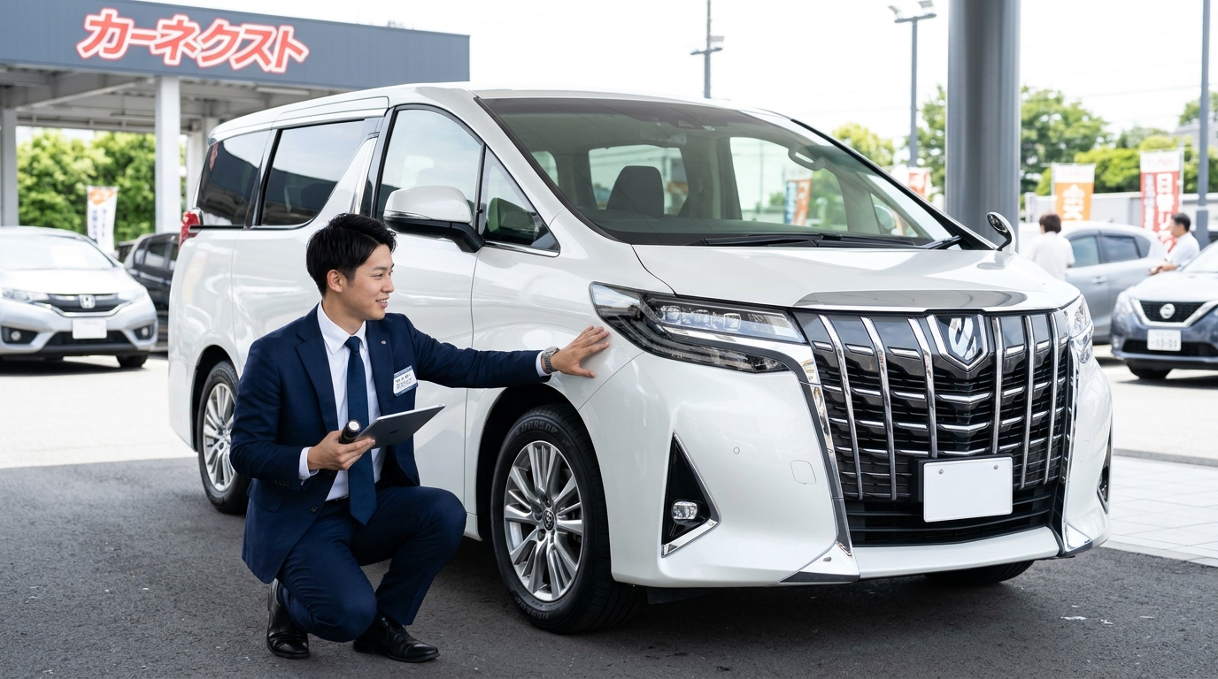 10万キロ走ったアルファードの買取相場と理由 買取専門店の査定ブースでパールホワイトのアルファード30系後期モデルを確認する若い日本人男性