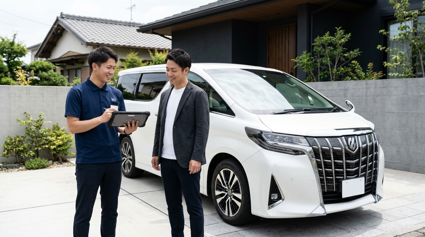 自宅駐車場でパールホワイトのアルファードを丁寧に検査する若い日本人検査員とオーナー男性